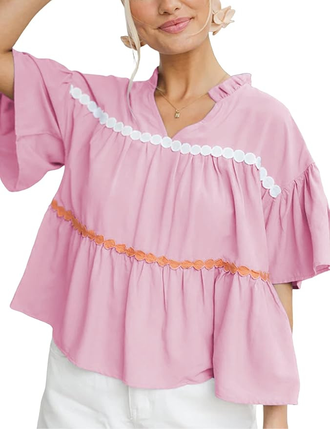 APAFES Womens Summer Babydoll Tops Cute V Neck Short Sleeve Shirts Loose Fit Peplum Blouse | Amazon (US)