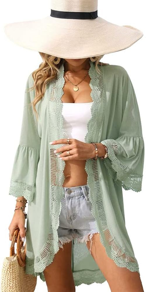 Spadehill Womens 3/4 Bell Sleeve Kimono Cardigan with Sheer Lace Details | Amazon (US)