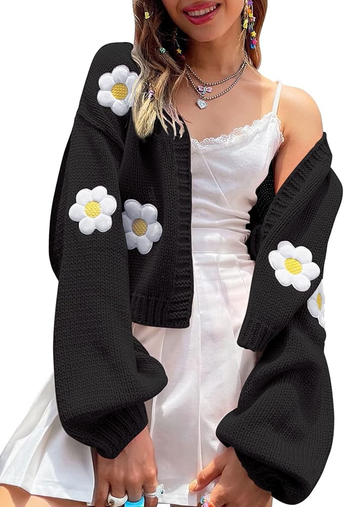 Womens Y2K Cardigan Sweaters Long Sleeve Open Front Cropped Flower Knit Cardigan Aesthetic 90s Sh... | Amazon (US)