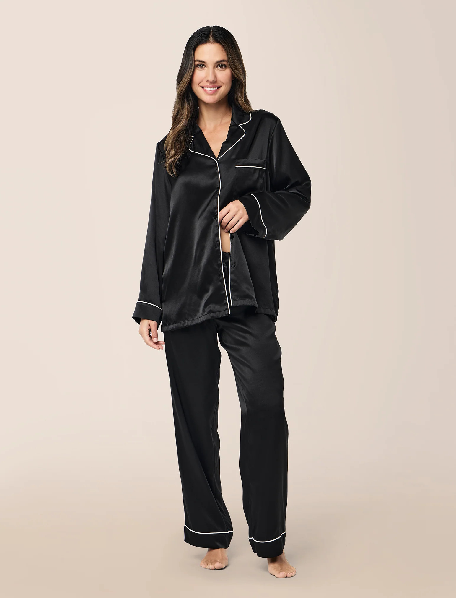 Sylvie Silk Piped Full Length PJ Set | Papinelle Sleepwear US