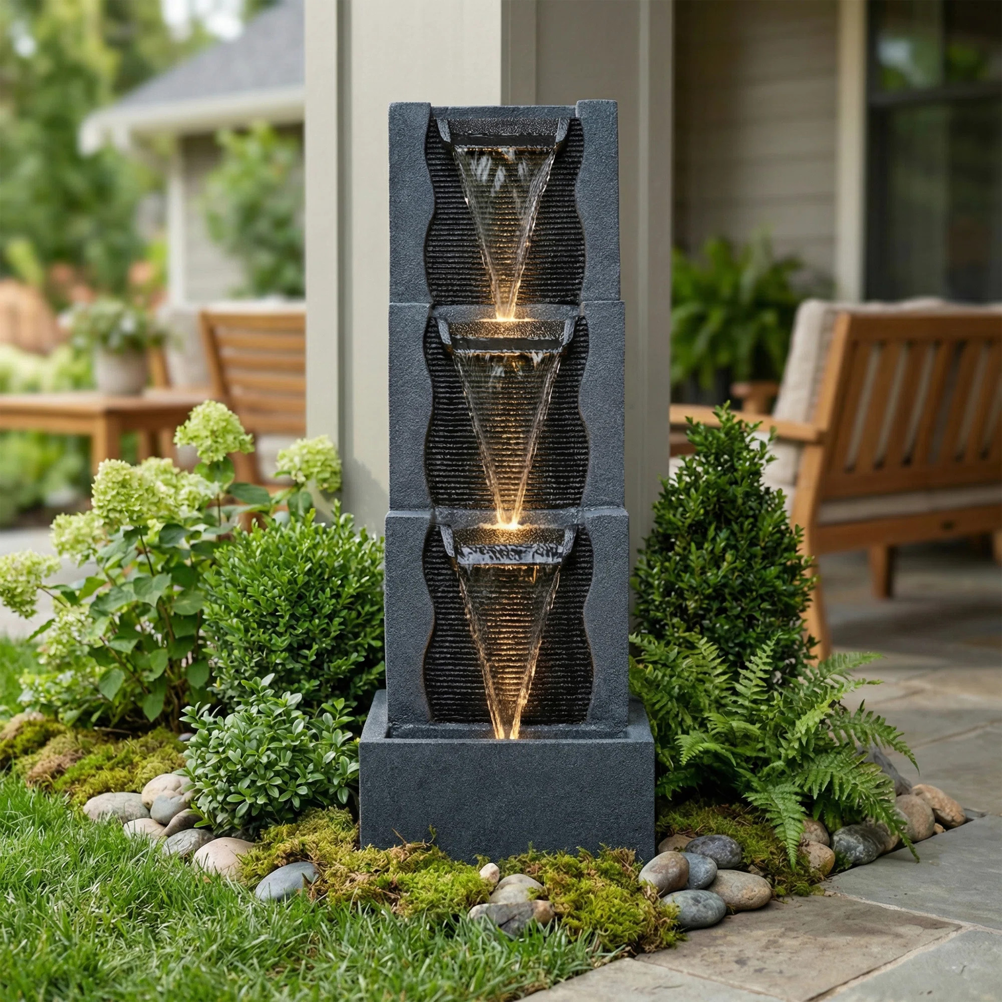 40'' Modern Black Outdoor Fountain With LED Lights & ETL-Certified 15W Pump – Multi-Tier Contem... | Wayfair North America