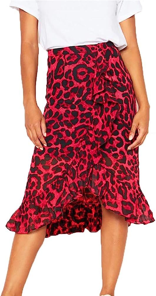 Women Leopard Print Split Midi Skirt Popular High Waist Slim Skirt Party Cocktail Wrap Dress | Amazon (US)