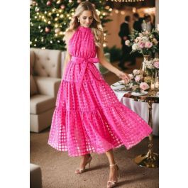 Check Halter Neck Tie Waist Maxi Dress in Hot Pink | Chicwish