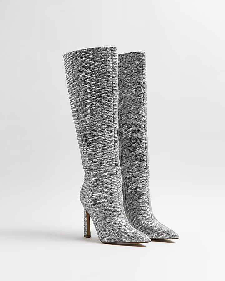 Silver glitter knee high heeled boots | River Island (UK & IE)