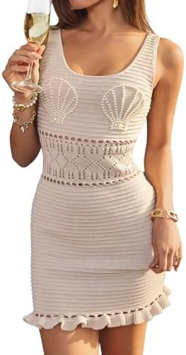 Women's Vacation Cover Up Dress Pearl Shell Pattern Beach Mini Dress Crochet Ruffle Hem Swimwear ... | Amazon (US)