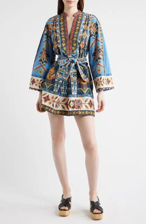 FARM Rio Embroidered Tapestry Long Sleeve Minidress in Blue at Nordstrom, Size Large | Nordstrom