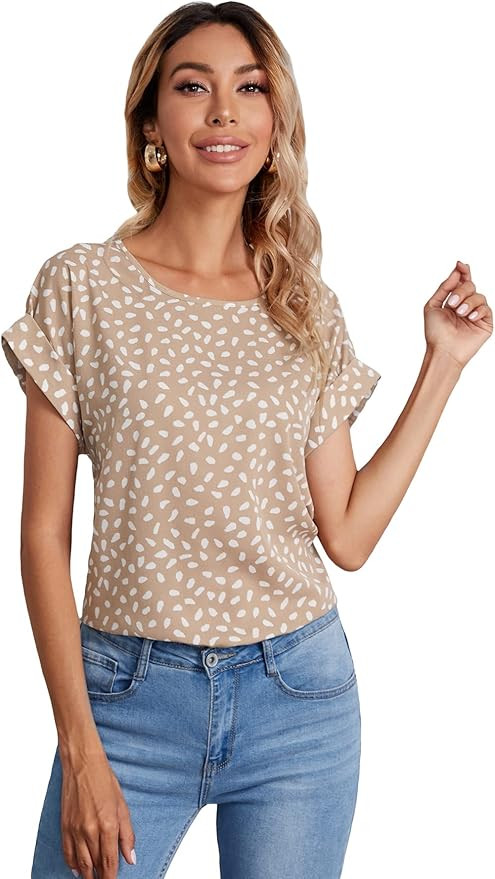 Floerns Women's Short Sleeve Business Casual Tops Graphic Print Office Work Blouse Tops Khaki M | Amazon (US)