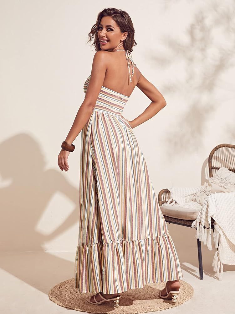 MakeMeChic Women's Striped Halter Sleeveless Cut Out Ruffle Maxi Summer Beach Dress | Amazon (US)