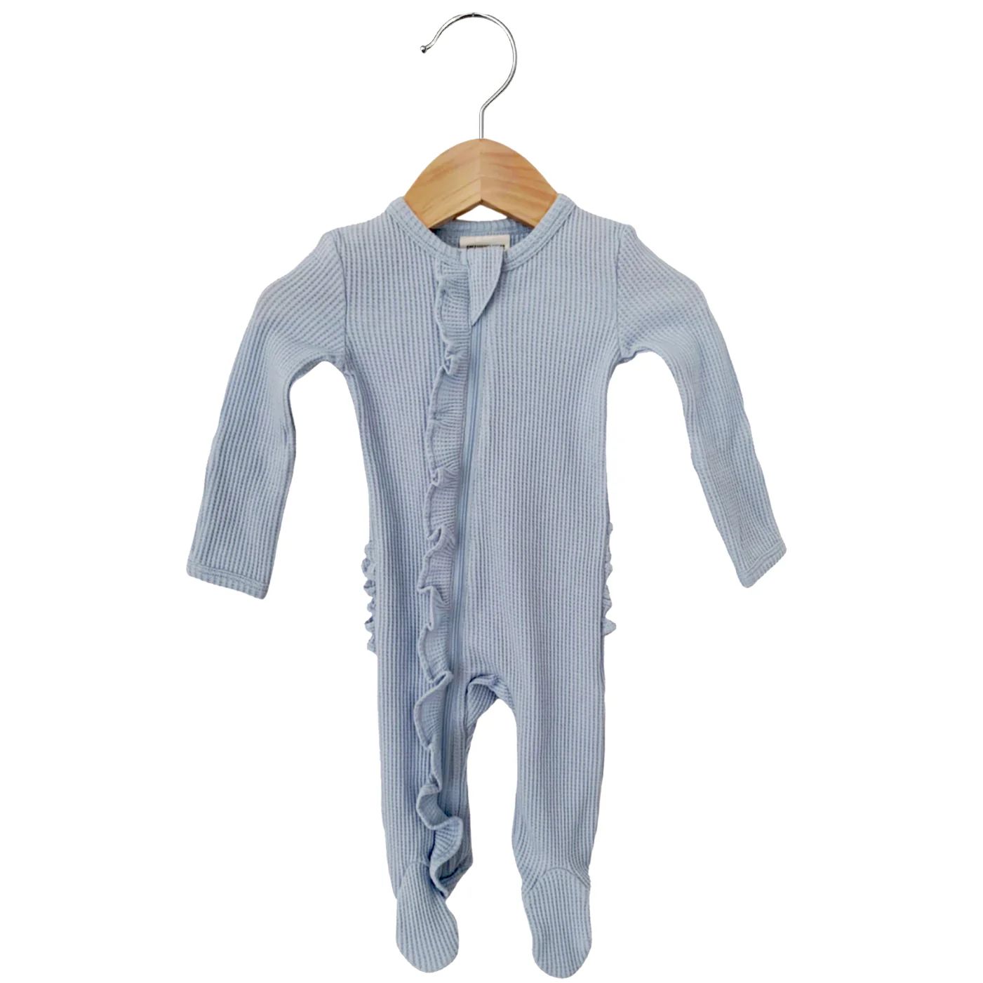 Organic Waffle Ruffle Zip Footie, Baby Blue | SpearmintLOVE