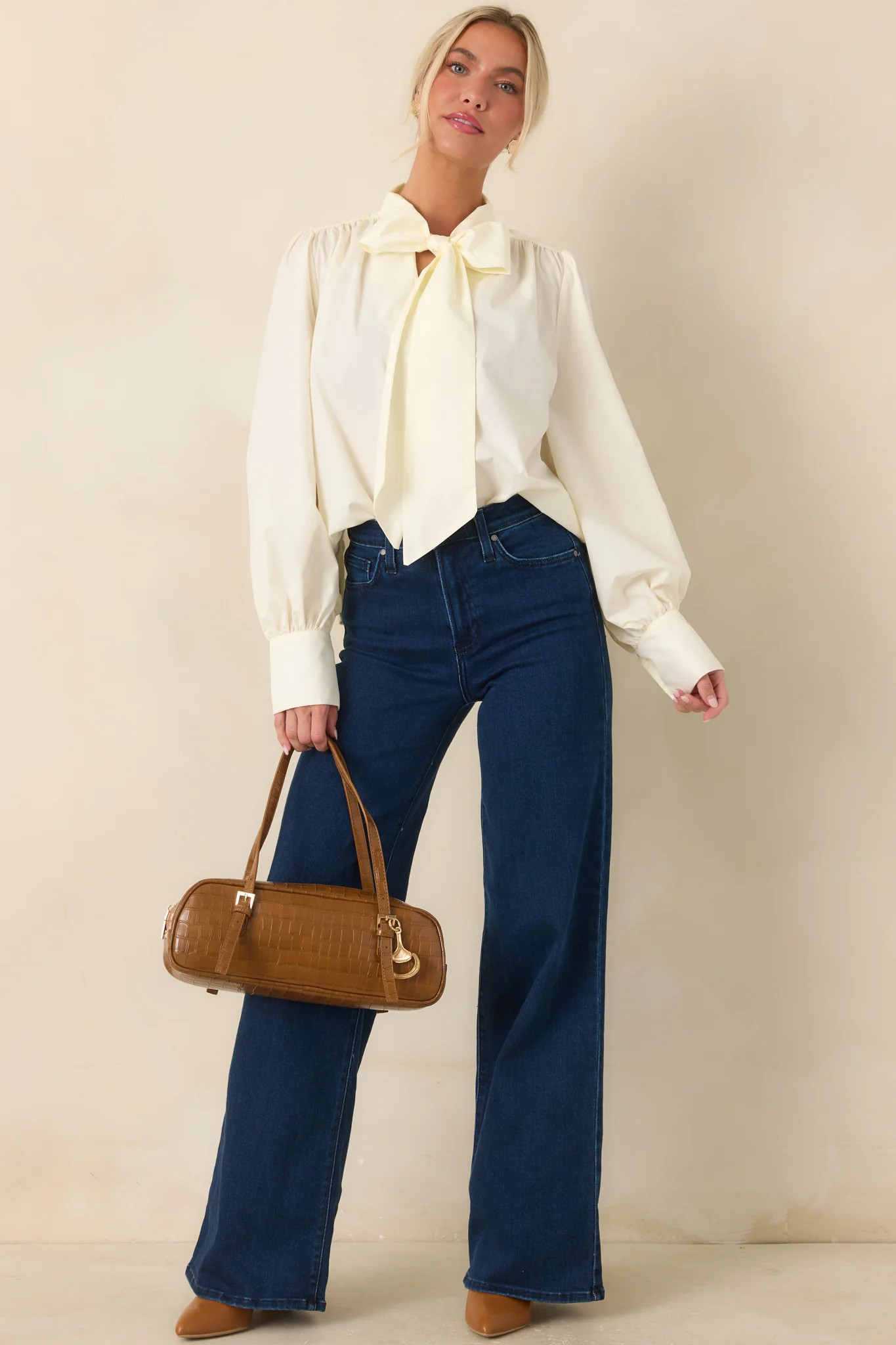 Looking the Part Ivory Tie Neck Blouse | Red Dress