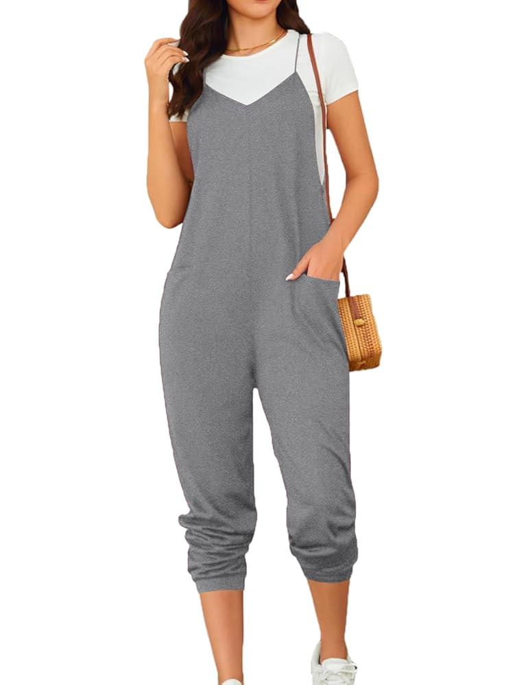 OYOANGLE Women's Causal Sleeveless Harem Leg Suspender Cami Jumpsuit Long Romper with Pockets | Amazon (US)