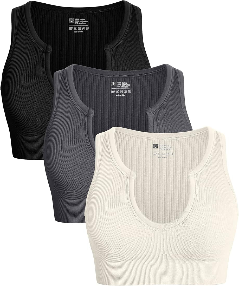 OQQ Women's 3 Piece Medium Support Crop Top Seamless Ribbed Removable Cups Workout Yoga Sport Bra | Amazon (US)