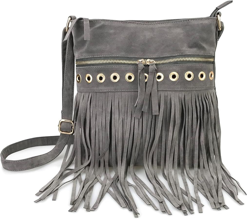 HOXIS Studded Tassel Zipper Faux Suede Leather Cross Body Bag Womens Purse | Amazon (US)