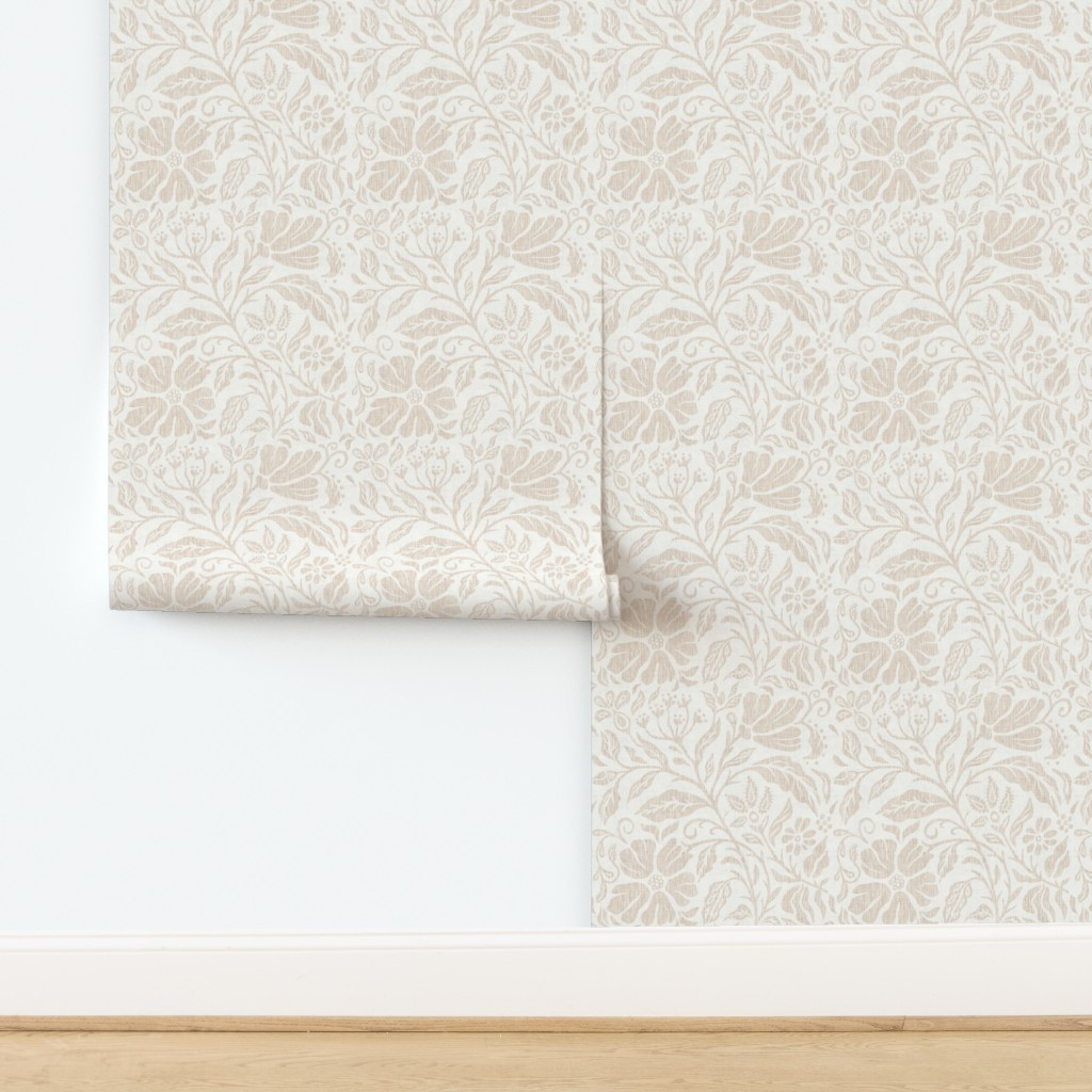 345Block print floral neutral beige on white Wallpaper bylolahstudio | Spoonflower