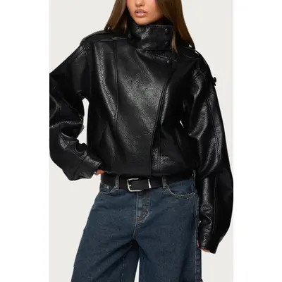 EDIKTED Jaicee Stand Collar Faux Leather Jacket in Black at Nordstrom, Size Medium | Nordstrom