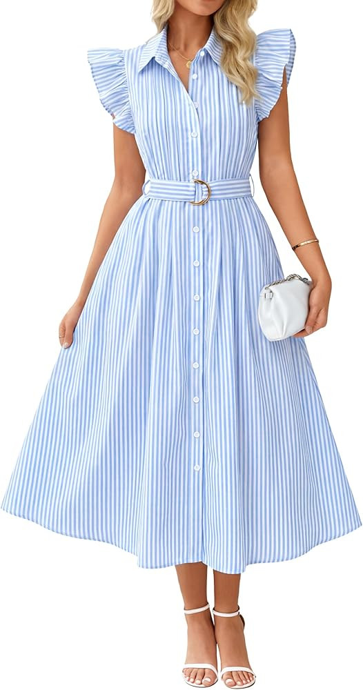 ZESICA Womens Summer Button Midi Dresses 2026 Flutter Short Sleeve Belted Business Casual Work Lo... | Amazon (US)