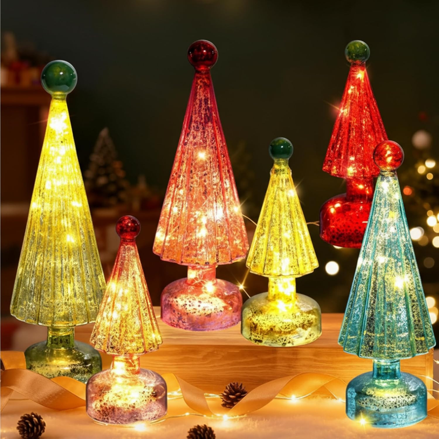 Yungyan 6 Pack Mercury Glass Christmas Trees Tabletop Decorations LED Light Up Battery Operated Pink Gold Small Xmas Trees with Ornament Tops LED Lights for Mantel Shelf Table Centerpieces | Amazon (US)