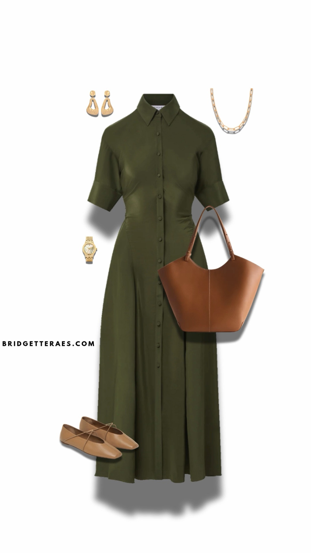 Power dressing doesn’t always require a blazer—sometimes the strongest statement comes from impeccable tailoring and effortless simplicity. This olive green shirt dress creates a beautifully streamlined silhouette with its structured collar, tailored waist, and graceful full-length skirt, delivering a look that feels both commanding and feminine. Warm cognac leather accessories add richness and depth, from the sculptural tote to the elegant flats, while gold jewelry and a classic watch provide just enough polish to elevate the ensemble without distracting from its clean lines. The earthy palette feels sophisticated, grounded, and seasonless, making it an ideal choice for executive meetings, leadership retreats, client lunches, conference speaking engagements, or days when you want to project quiet confidence with minimal effort.

#LTKgrwm #LTKootd #LTKWorkwear