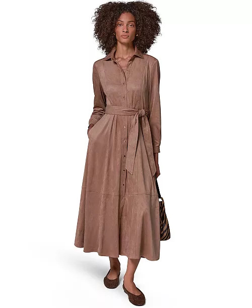 Women's Microsuede Long-Sleeve Collared Midi Duster Coat | Macy's