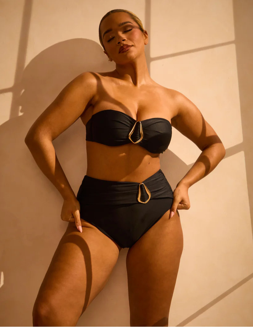 High Waisted Tummy-Control Ruched Belt Bikini Bottoms with Gold Ring D | RELR