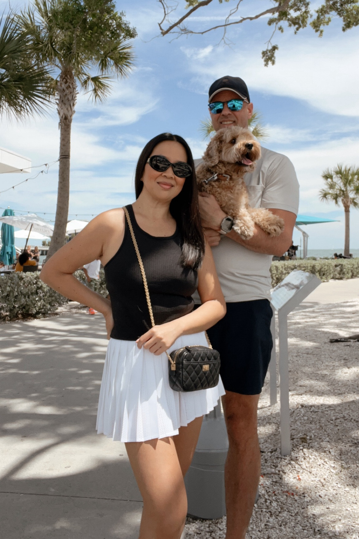 Weekend outfits

Sabrina 5'3"

Lululemon Ebb to Street Racerback (Size 10, usually a Size 8 in their sports bras/34C)
Lululemon Pleated Open Tennis Skirt (Size 4, usually a Size 4 in their Align Leggings)

Andrew 6'3" 
Vuori Tee (Wears a Large)
Lululemon Shorts 7 inch length
Loro Piana Baseball Cap (Medium)

#LTKstyletip