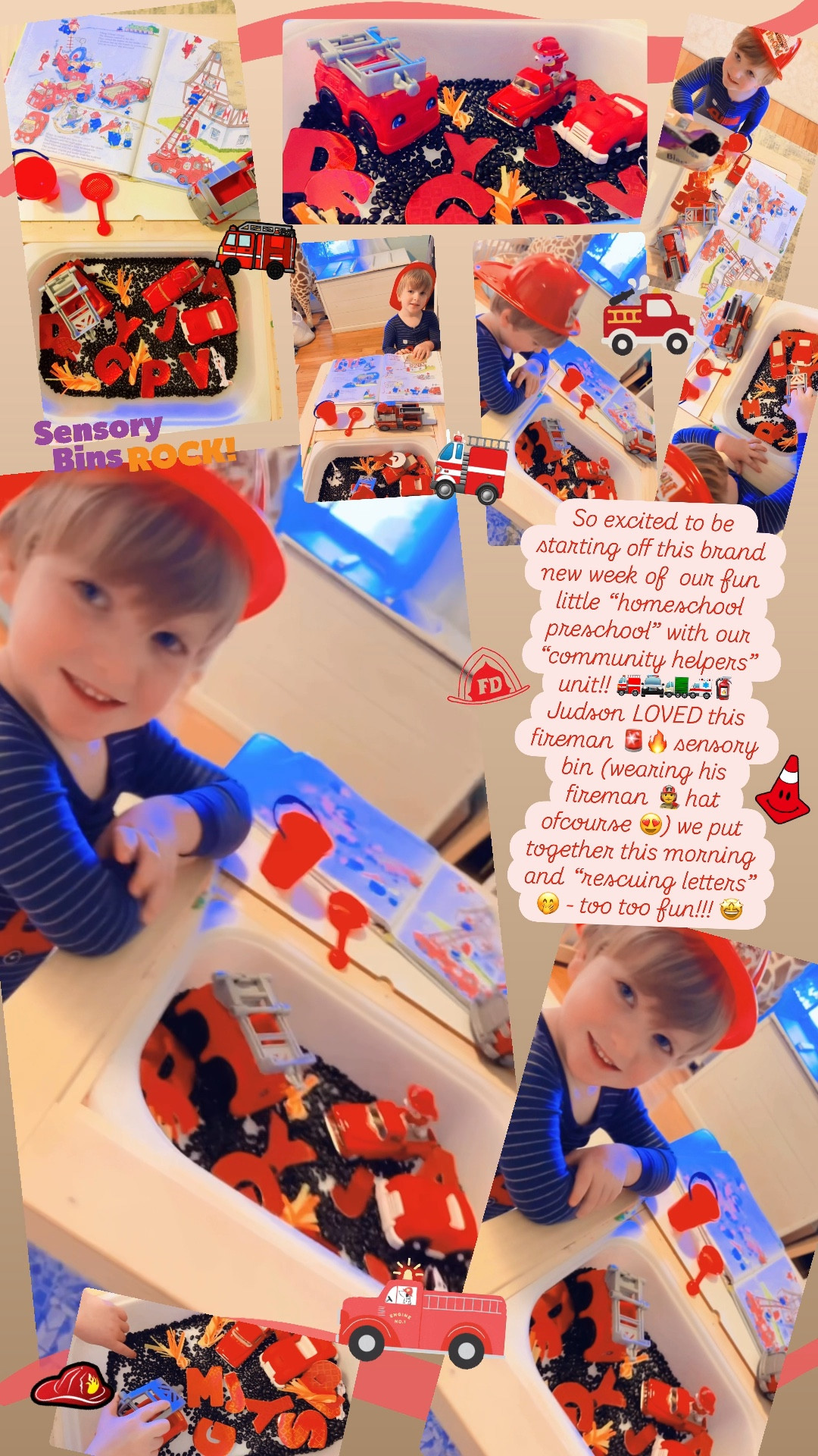 So excited to be starting off this brand new week of  our fun little “homeschool preschool” with our “community helpers” unit!! 🚒🚔🚛🚑🧯Judson LOVED this fireman 🚨🔥 sensory bin (wearing his fireman 👨‍🚒 hat ofcourse 😍) we put together this morning and “rescuing letters” 🤭 - too too fun!!! 🤩 

#LTKKids #LTKdayinmylife #LTKFamily