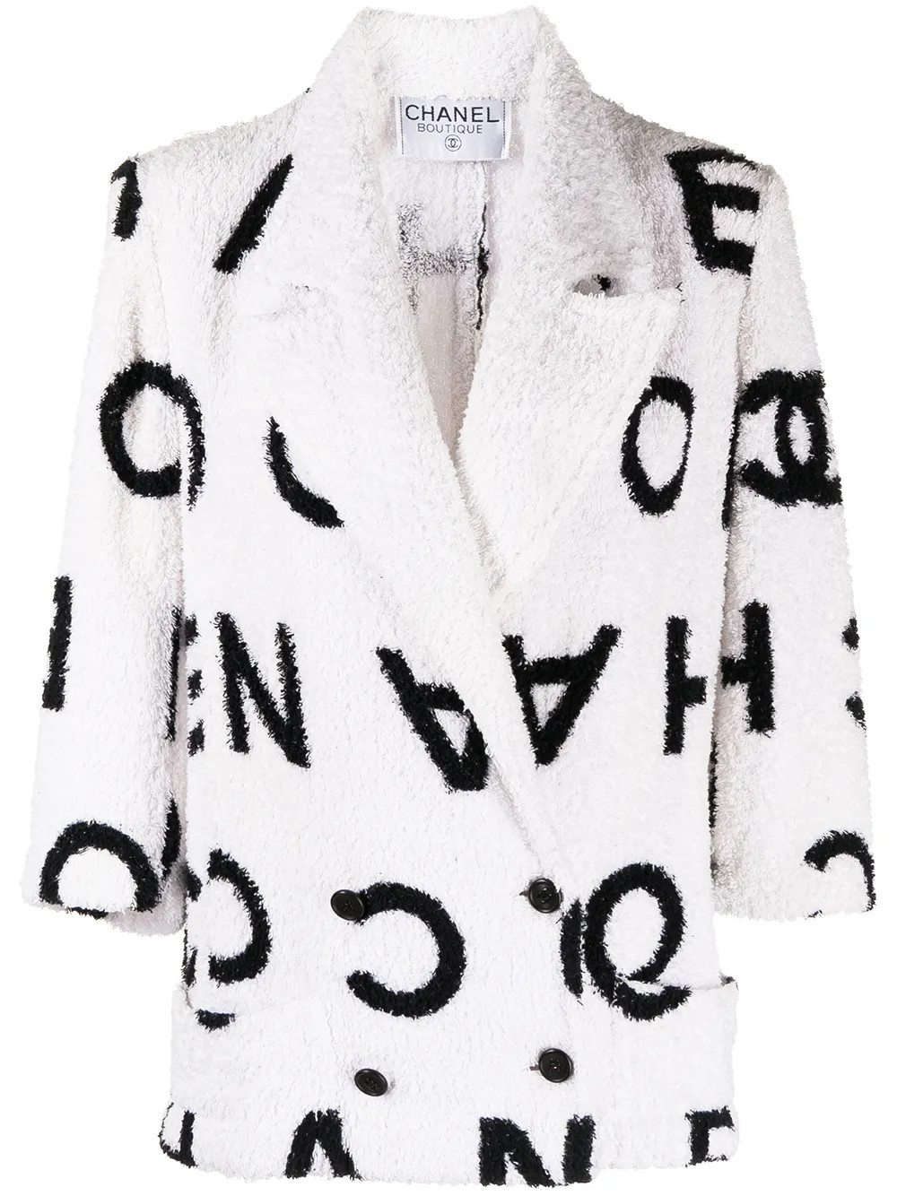 CHANEL Pre-Owned 1990s logo-print double-breasted jacket - White | Farfetch Global