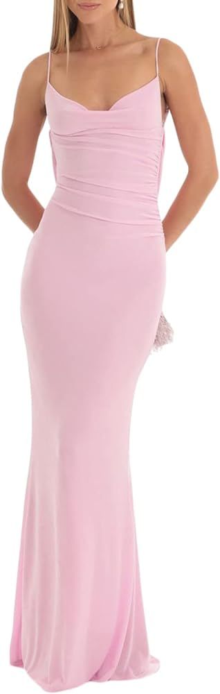 Womens Maxi Bodycon Dress Sexy Sleeveless Spaghetti Strap Ruched Dress Backless Long Dress Cockta... | Amazon (US)