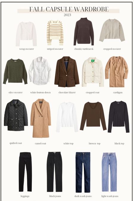 Fall capsule wardrobe 2023 

Wrap top: xs 
Striped top: xxs 
Brown sweater: xs 
Cropped sweater: xxs 
Olive sweater: xs 
White button down: xs 
Brown blazer: petite 00 
Cream jacket: xxs 
Tan cardigan: xxs 
Black coat: petite 0 (size up) 
Tan coat: petite 00/xxs 
Layering tops: xs 
Leggings: xs short 
Black jeans: 24 extra short 
Darn jeans: petite 24 
Light jeans: 24 short in medium 

#LTKSeasonal #LTKstyletip
