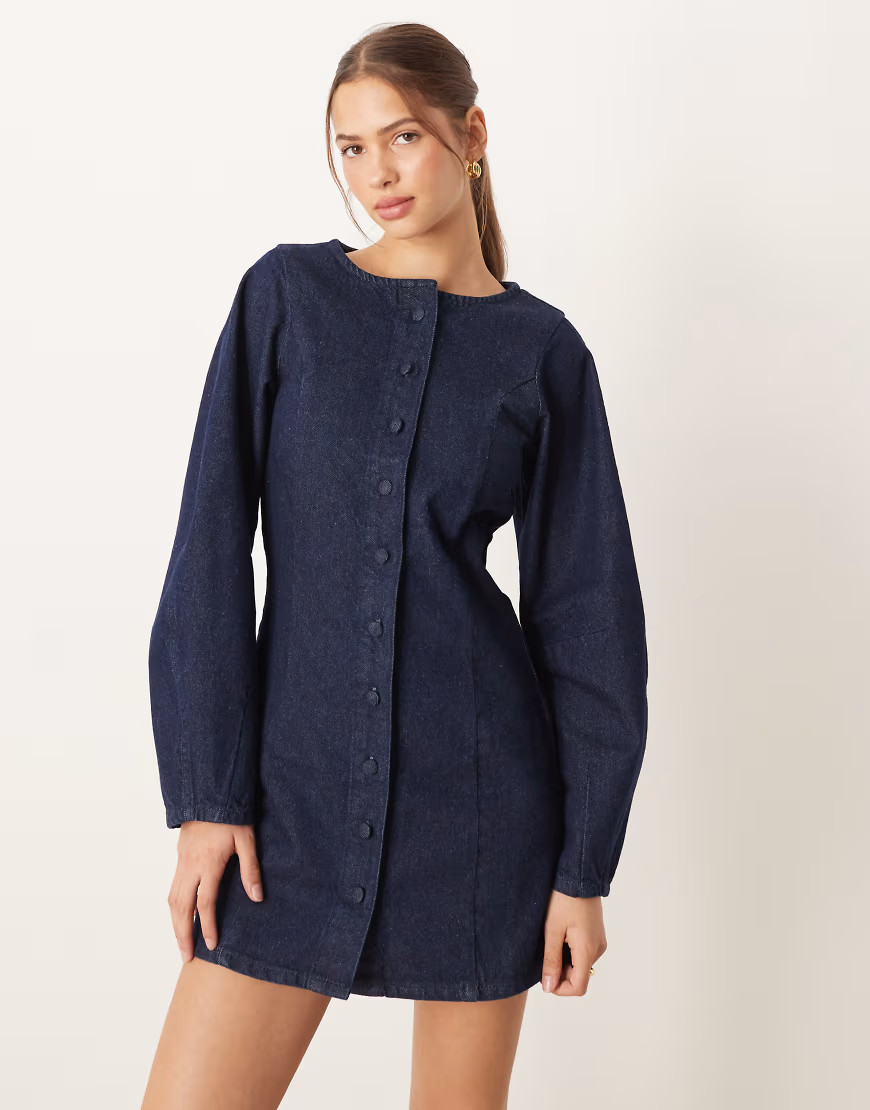 ASOS DESIGN denim waistcoat mini dress with banana sleeve in rinse-Navy | ASOS (Global)