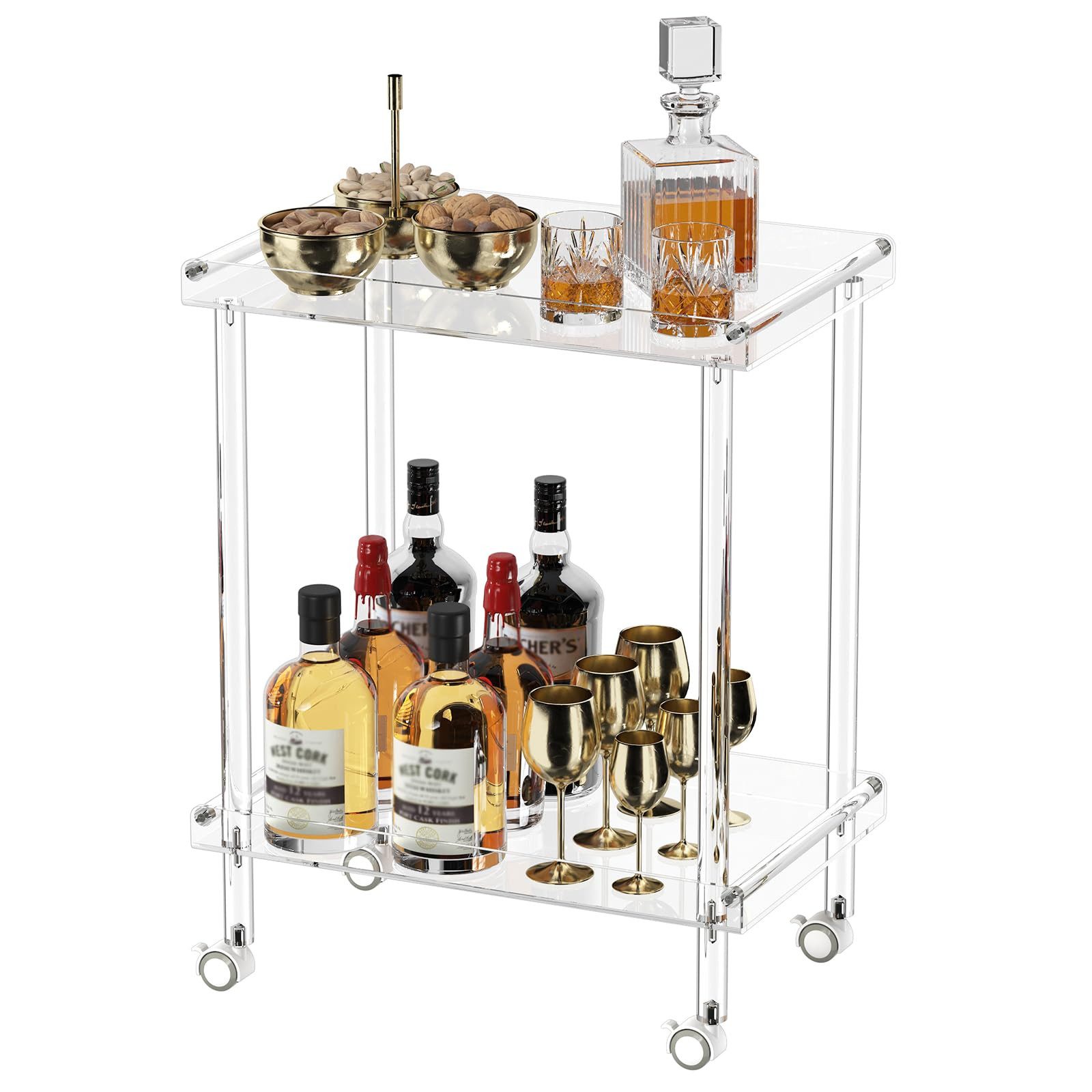 HMYHUM Acrylic Bar Cart, Rolling Serving Cart with 4 Lockable Wheels for The Home Bar, Kitchen, L... | Amazon (US)