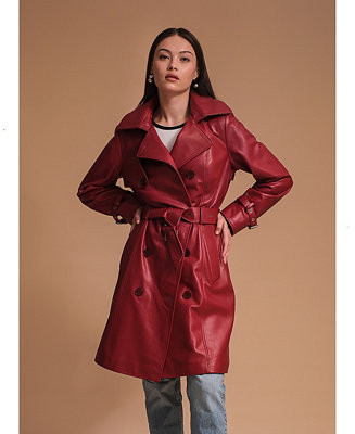 Women's Leather Trench Coat, Burgundy | Macy's