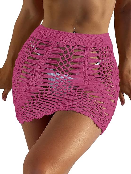 Cozyease Women's Crochet Hollow Out Mini Beach Skirt Sheer Swimwear Cover Up | Amazon (US)