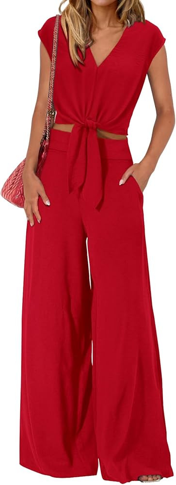 PRETTYGARDEN Women's Summer 2 Piece Outfits 2025 Cap Sleeve V Neck Belted Crop Tops Wide Leg Pant... | Amazon (US)