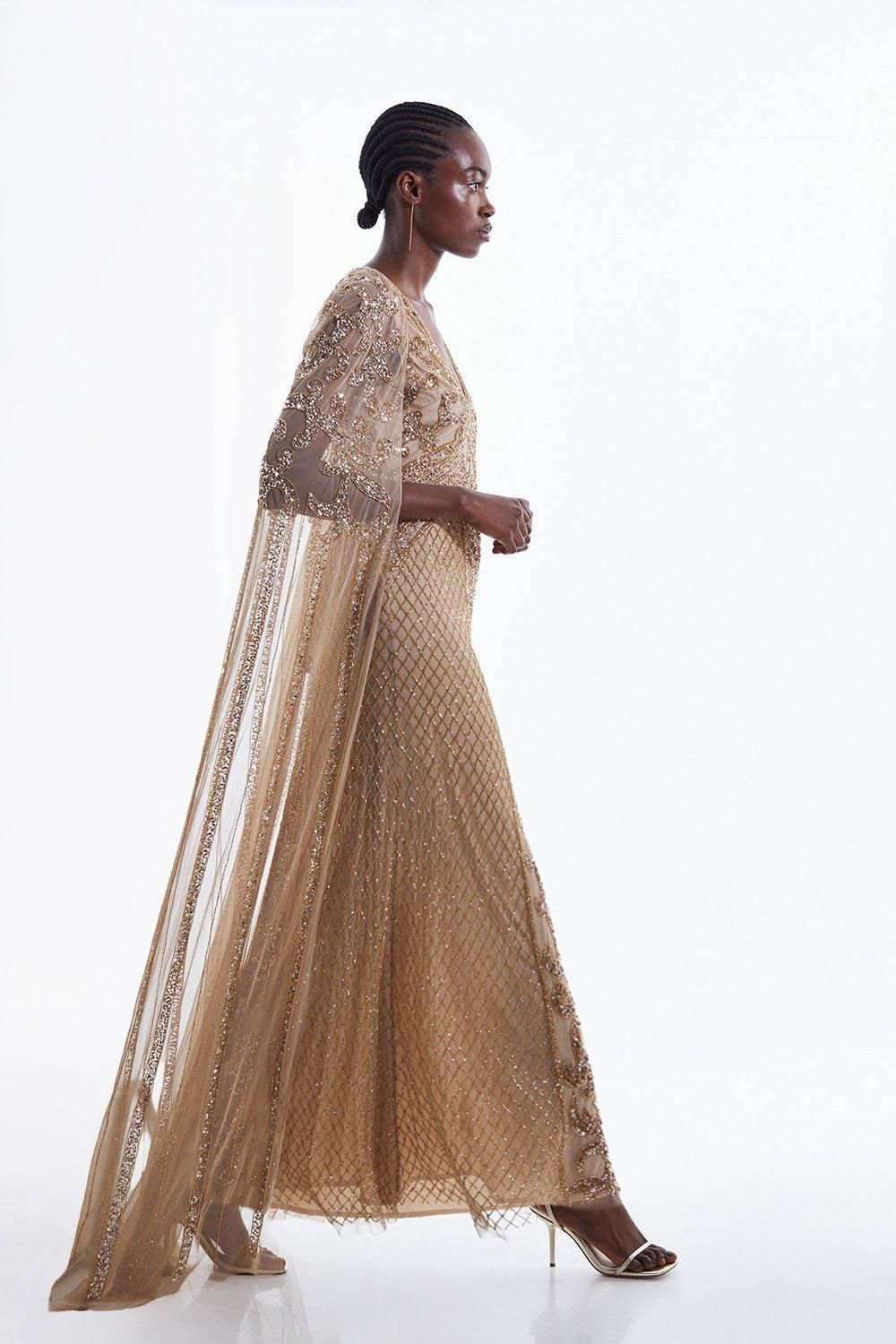 Embellished Woven Maxi Dress With Cape | Karen Millen UK + IE + DE + NL