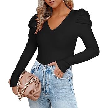 REORIA Women’s Casual V Neck Puff Long Sleeve Ribbed Slimming Thong Bodysuit Tops | Amazon (US)