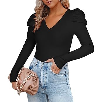 REORIA Women’s Casual V Neck Puff Long Sleeve Ribbed Slimming Thong Bodysuit Tops | Amazon (US)