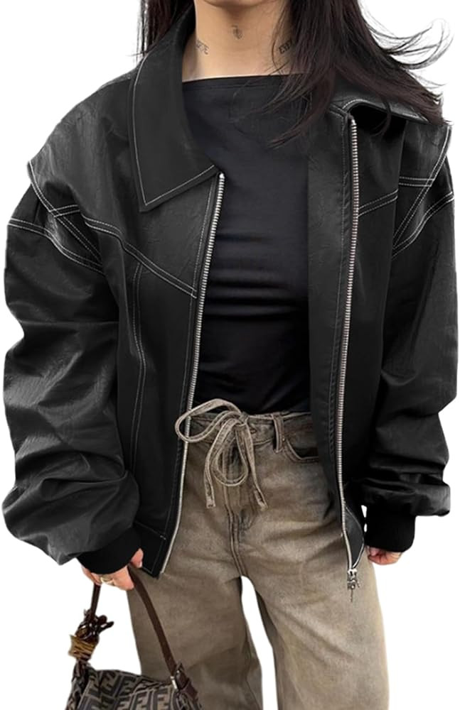 Tankaneo Womens Oversized Leather Bomber Jackets Cap Sleeve Zip Up Motorcycle Coats with Pockets | Amazon (US)