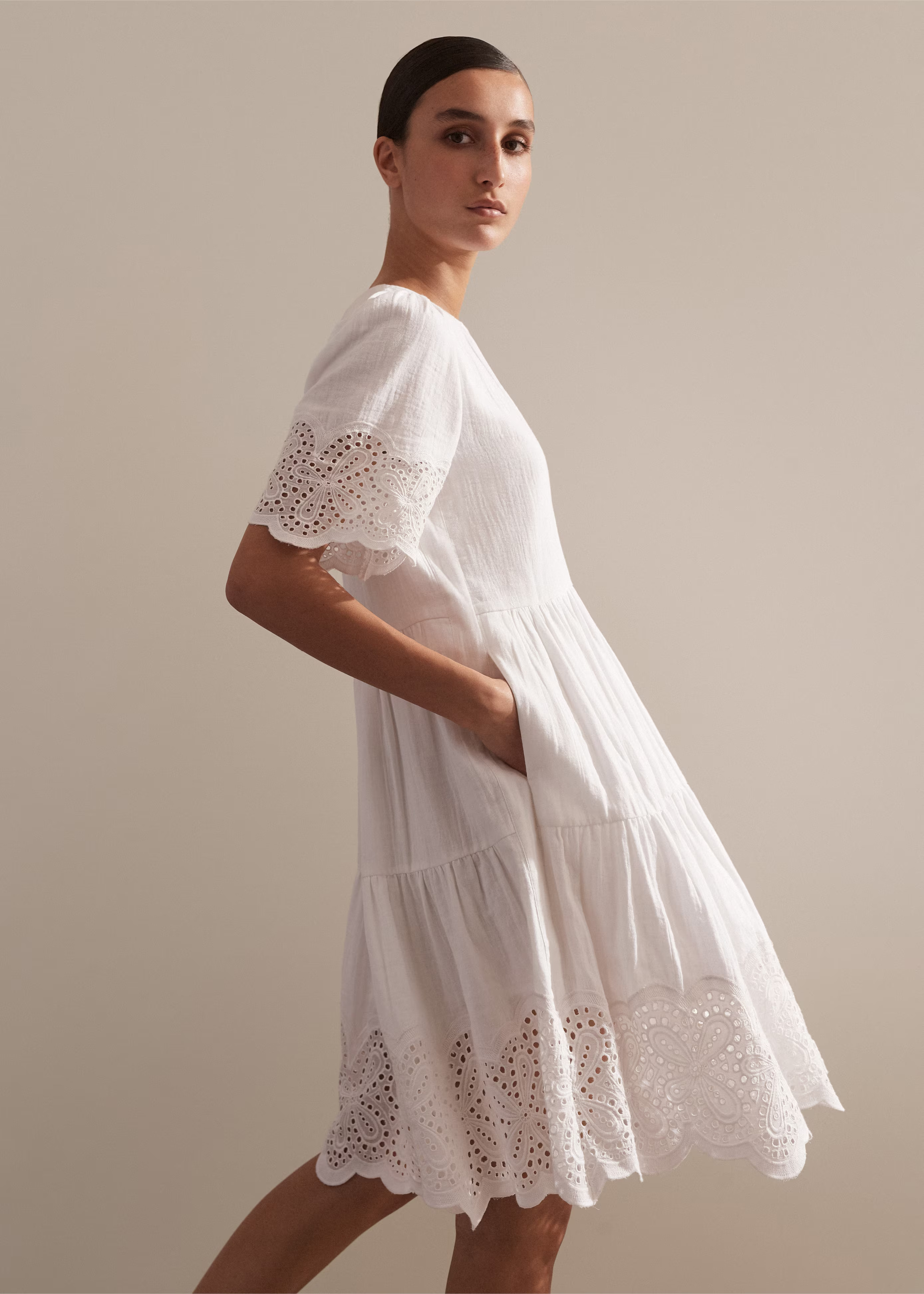 Women's White Cheesecloth Broderie Short Swing Dress | ME+EM | ME+EM US