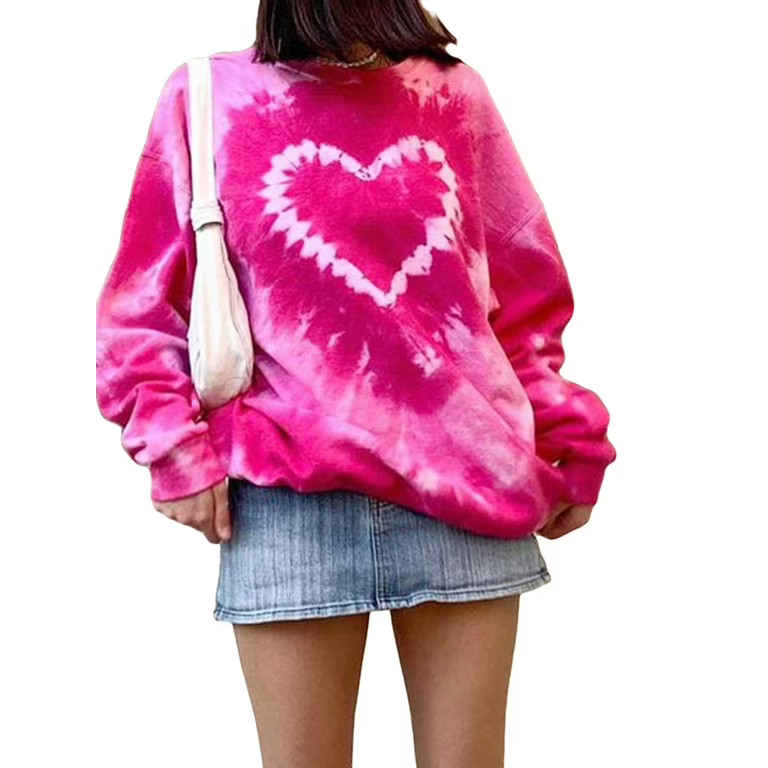 TheFound Women Flannel Sweatshirts Tie Dye Pullover Love Heart Print Loose Pullover Sweater Sweat... | Walmart (US)