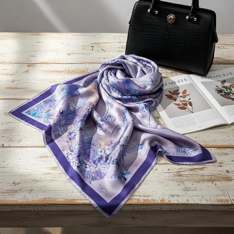 Mulberry Silk Scarf, Lavender Floral Neckerchief, Hair Wrap - Etsy | Etsy (Global)