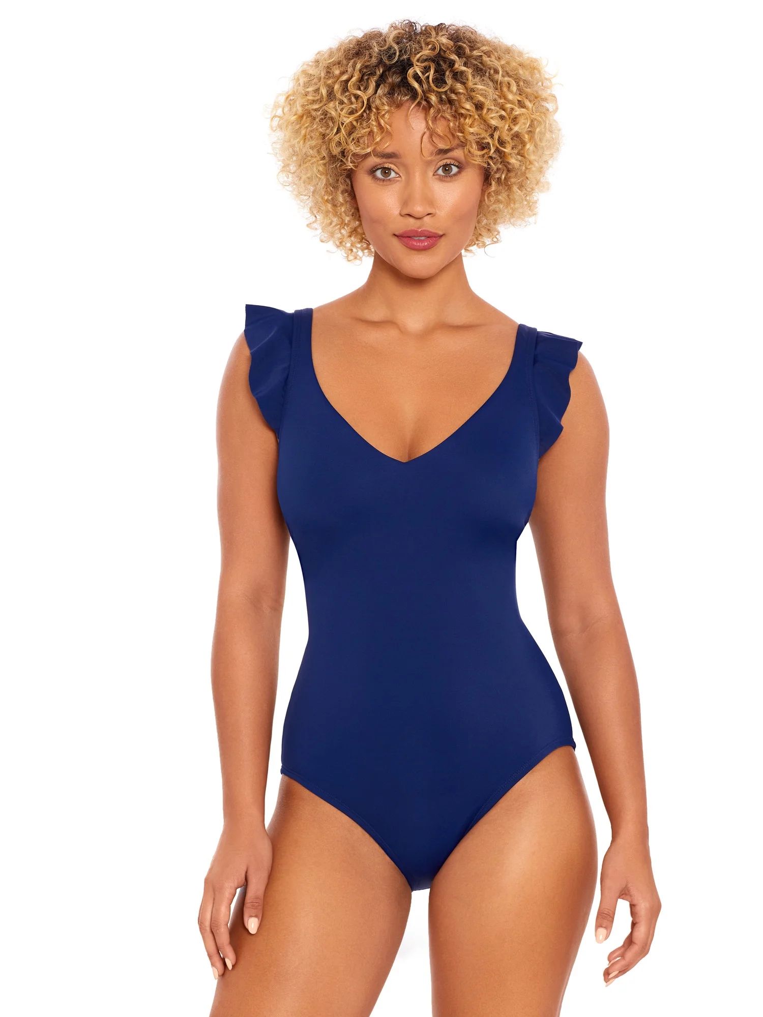 Time and Tru Women's and Plus Solid Ruffle Strap One Piece Swimsuit, Sizes XS-3X | Walmart (US)