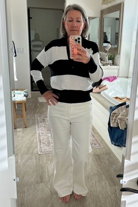 Spring outfit inspo! White jeans. Rugby stripes. Sweater. Cute phone case  

#LTKSeasonal #LTKstyletip #LTKsalealert