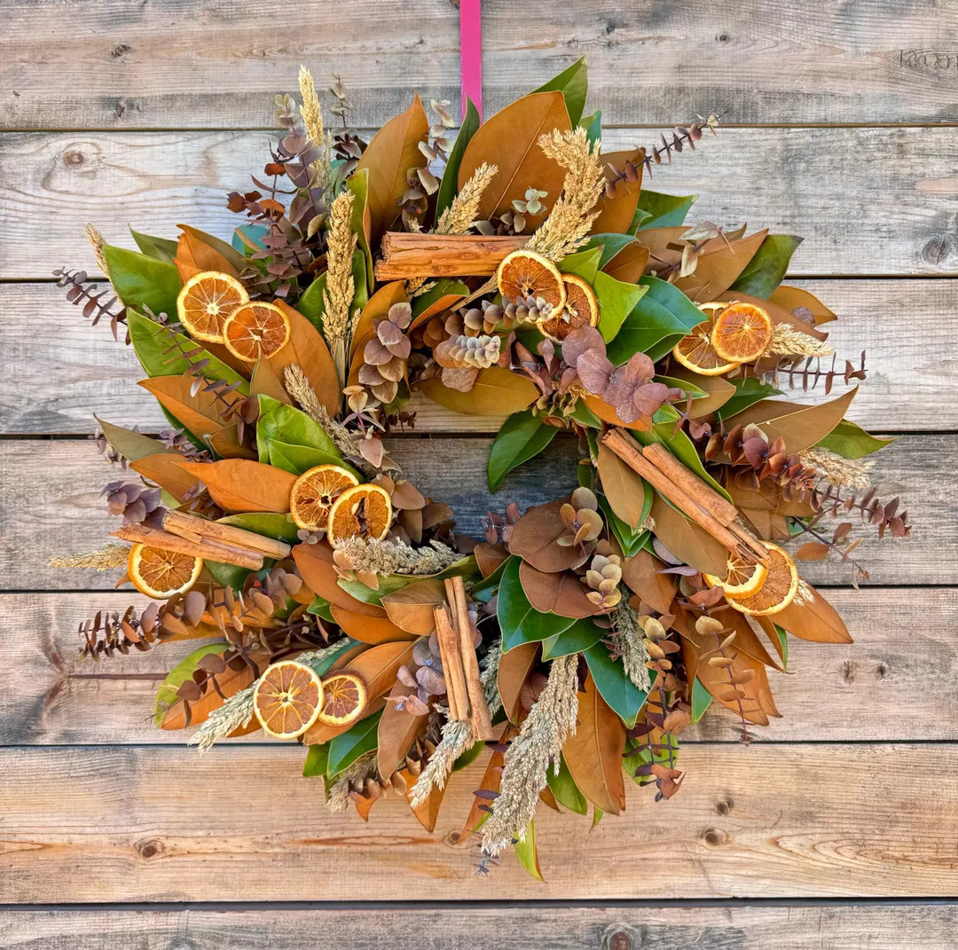 FRESH Real Magnolia, Cinnamon, Eucalyptus, Oranges, Handcrafted Wreath Front Door Decor, Kitchen,... | Etsy (US)