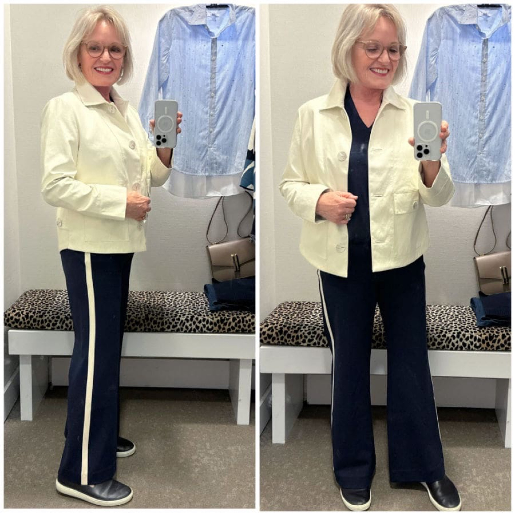 This fun, fully-lined faux leather jacket from Chico's might be a new favorite jacket. It’s very lightweight and comfy. I also spotted it in a gorgeous navy shade. There is button detailing at the side hem and on the patch pockets. The length is also shorter, so it goes well over these ponte flare pants with a side stripe that coordinates with the jacket. 

#chicos #chicosfashion #winteroutfit #winterfashion #fashion #fashionover50 #fashionover60 #fauxleatherjacket #Winter

#LTKSeasonal #LTKstyletip #LTKover40