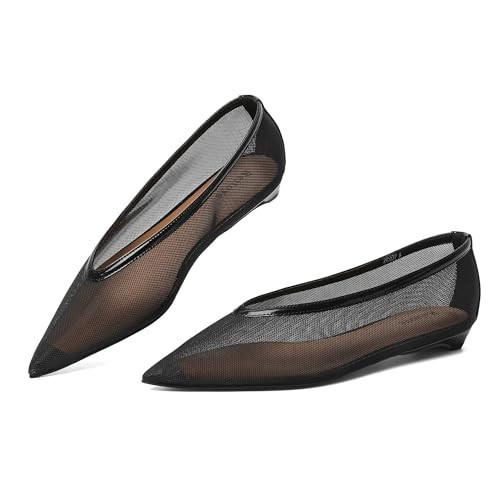 Reitoye Black Mesh Flats for Womens Closed Pointed Toe Ballet Flat Comfortable Dressy Work Slip On Casual Shoes Womens Flats Size 10 | Amazon (US)