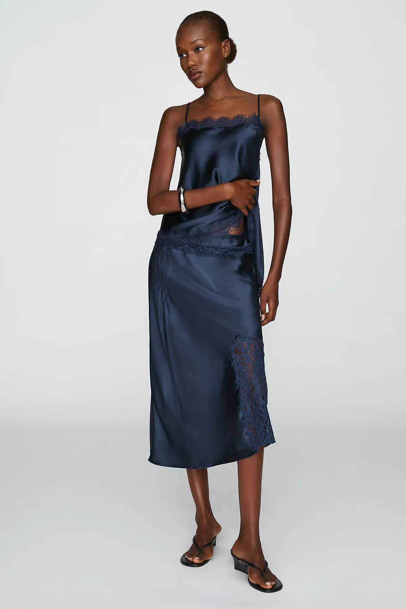 Damson Madder Elea Satin and Lace Midi Skirt | Anthropologie (US)