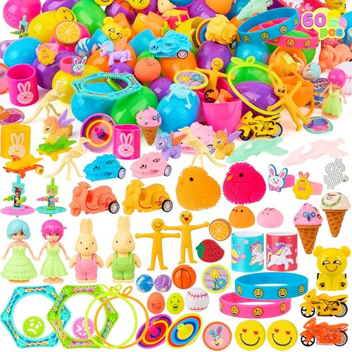 JOYIN 60Pcs Easter Eggs with Toys Stickers Inside, Prefilled Easter Eggs Hunt with Assorted Toys for Kids Boys Girls, Basket Stuffers Filler, Party Favors, Classroom Exchange | Amazon (US)