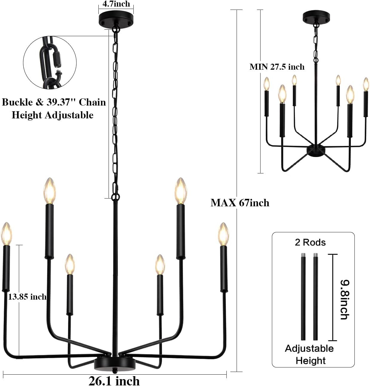 LASENCHOO Matte Black Farmhouse Chandelier Light Fixture, 6-Light 26 Inches Classic Candle Ceilin... | Amazon (US)