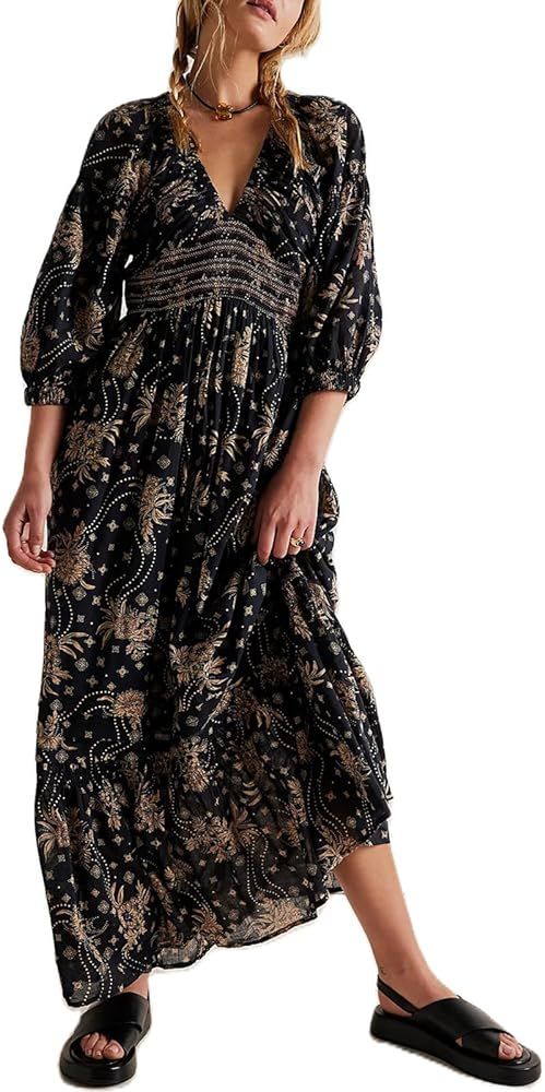 Argeousgor Boho Flowy Maxi Dress for Women Puff Long Sleeve Square Neck Embroidered Swing Tiered ... | Amazon (US)